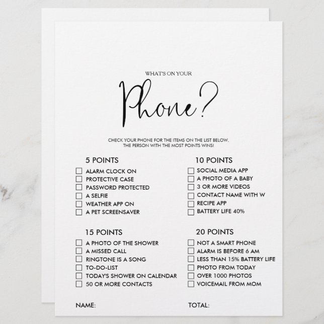 What's on your Script Phone Bridal Shower Game (Front/Back)