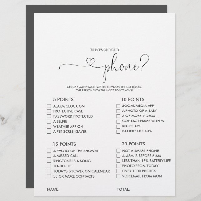 What's on your Script Phone Bridal Shower Game (Front/Back)