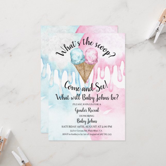 What's the scoop ice cream gender reveal invite. i invitation (Front/Back In Situ)