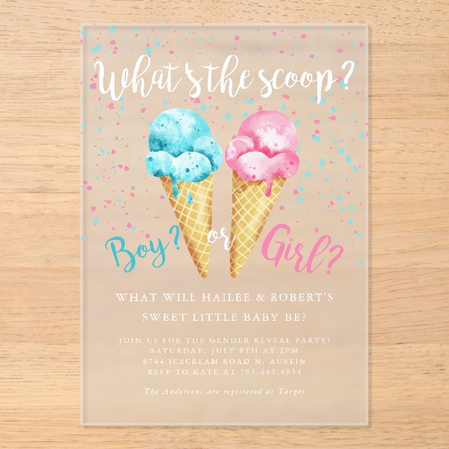 Whats The Scoop Ice Cream Gender Reveal Party Acrylic Invitations (Front)