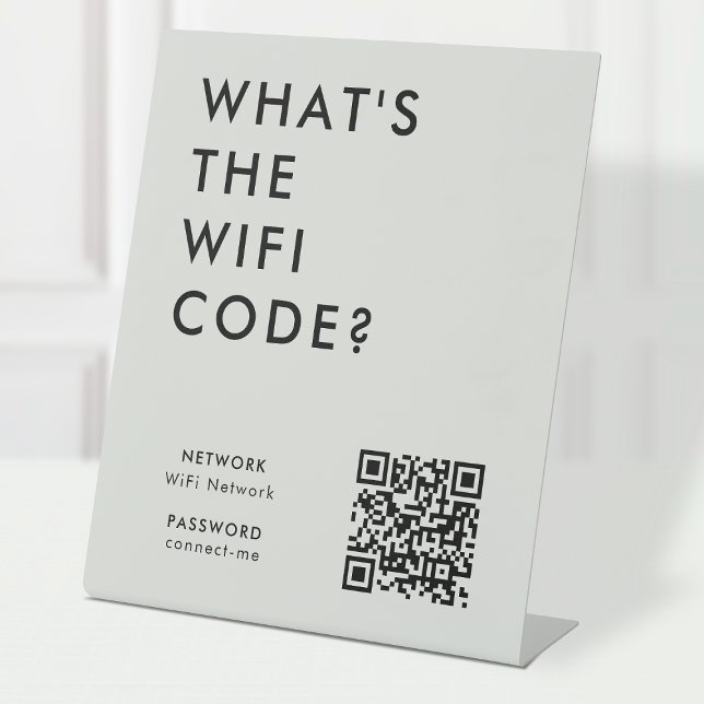 What's the WiFi Code? | Wifi Network QR Code Grey Pedestal Sign (What's the WiFi Code? tabletop sign with QR code to connect seamlessly to your Wi-Fi)