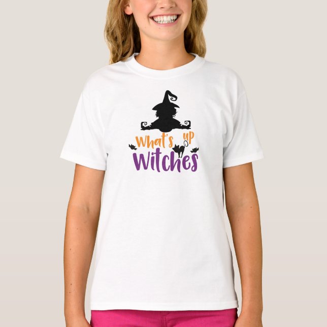 What's Up Witches, Witch, Cat, Bats, Halloween T-Shirt (Front)