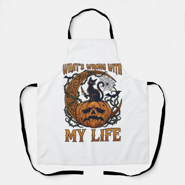 Whats Wrong Life Halloween Black Cat Pumpkin Knife Apron (Front)