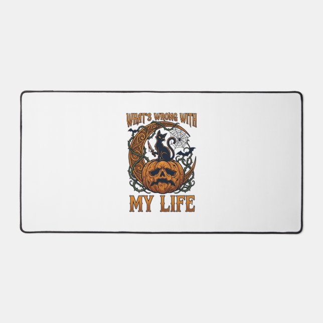 Whats Wrong Life Halloween Black Cat Pumpkin Knife Desk Mat (Front)