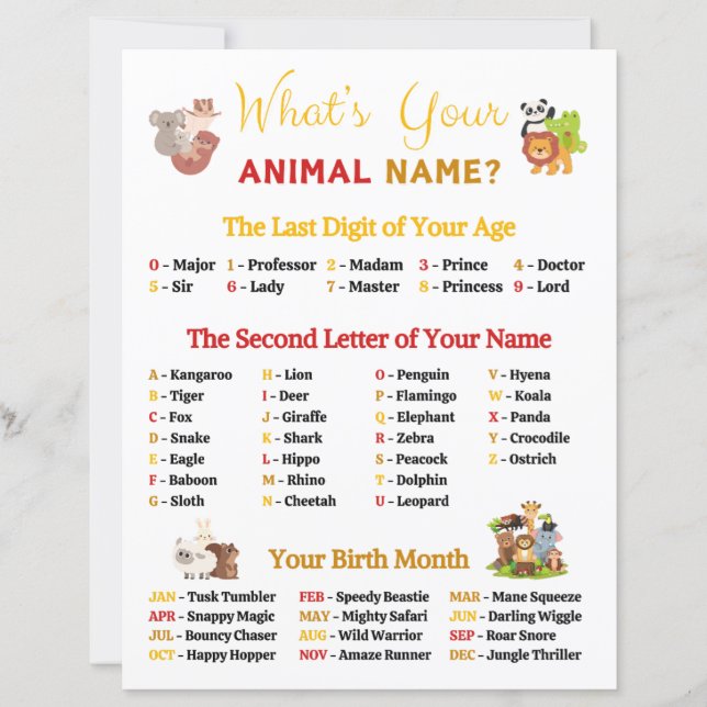 What's Your Animal Name Game (Front)