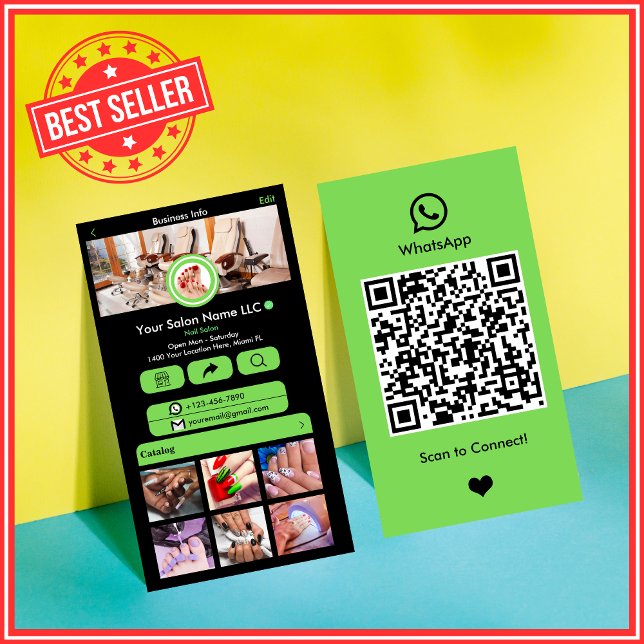 WhatsApp Nail Salon Green  |  Social Media QR Code Business Card (Creator Uploaded)