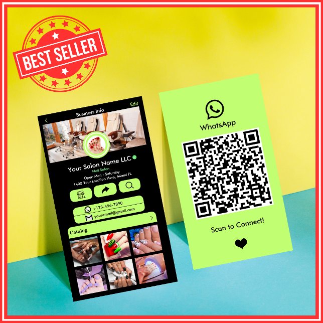 WhatsApp Nail Salon Lime Green Social Media QR Business Card (Creator Uploaded)