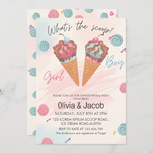 Whats's the scoop ice cream gender reveal party invitation (Front/Back)