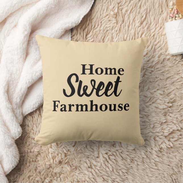 Wheat Coloured "Home Sweet Farmhouse" Throw Pillow (Blanket)