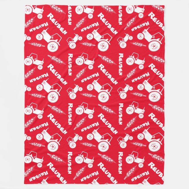 Wheat farm stylised tractor graphic name red white fleece blanket (Front)