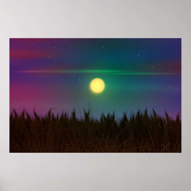 Wheat Field Night sky and moon Oil Painting Summer Poster (Front)