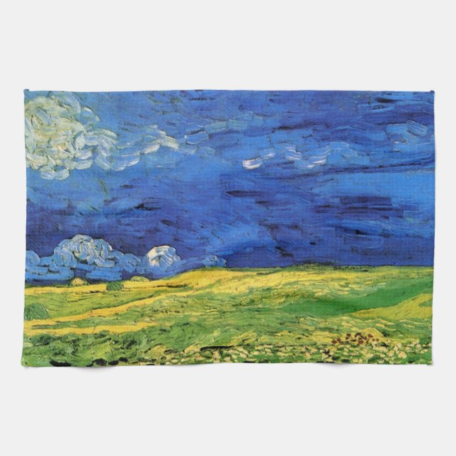 Wheat Field Under Clouded Sky by Vincent van Gogh Tea Towel (Horizontal)