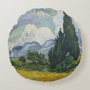 Wheat Field with Cypresses, Oil Painting, Van Gogh Round Cushion