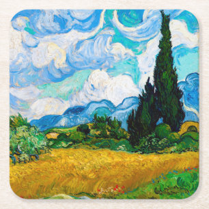 Wheat Field with Cypresses, Van Gogh Square Paper Coaster