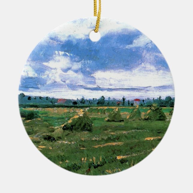 Wheat Fields with Haystacks by Vincent van Gogh Ceramic Tree Decoration (Front)