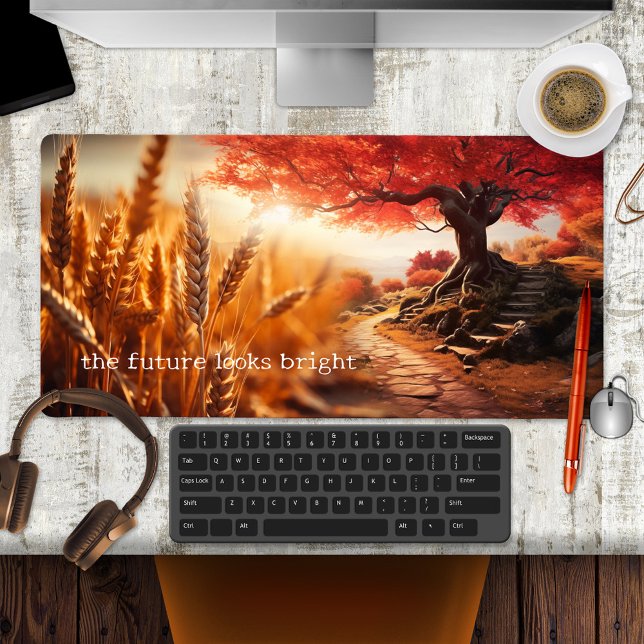 Wheat Old Tree Wisdom Quote Desk Mat (Desk mat featuring a wheat field with a path and old tree, with your custom quote or wisdom)