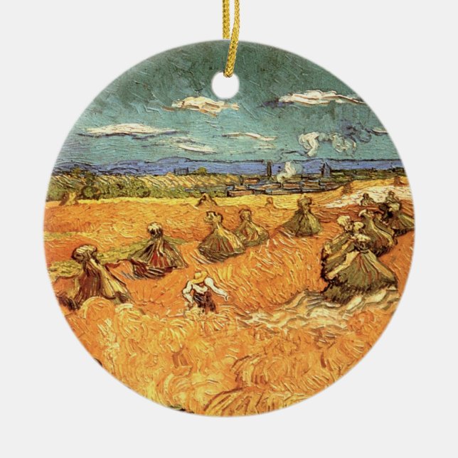 Wheat Stacks with Reaper by Vincent van Gogh Ceramic Tree Decoration (Front)