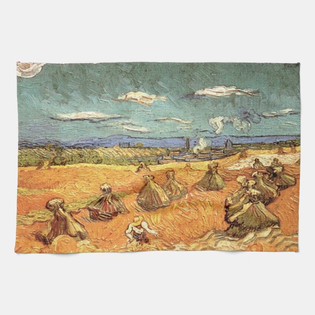 Wheat Stacks with Reaper by Vincent van Gogh Tea Towel (Horizontal)