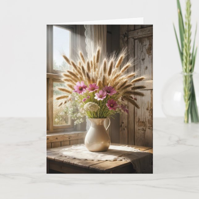 Wheat Stalk Wildflower Bouquet Sympathy Card (Front)