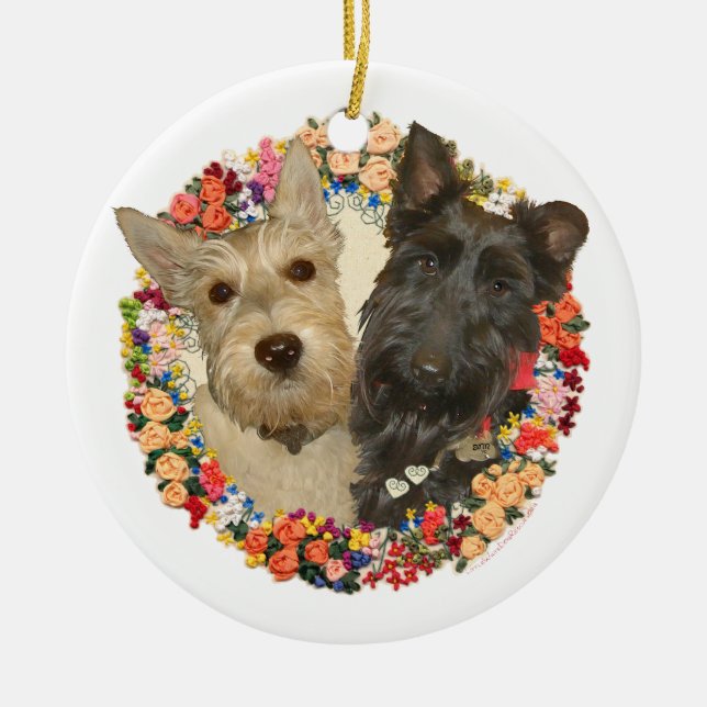 Wheaten & Black Scotties Ceramic Tree Decoration (Front)