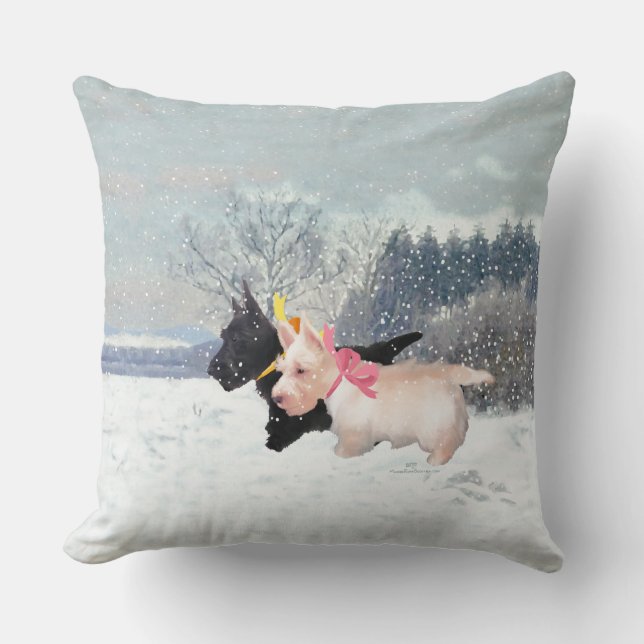 Wheaten Black Scotties Christmas Cushion (Front)