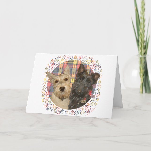 Wheaten & Black Scotties on Tartan Holiday Card (Front)