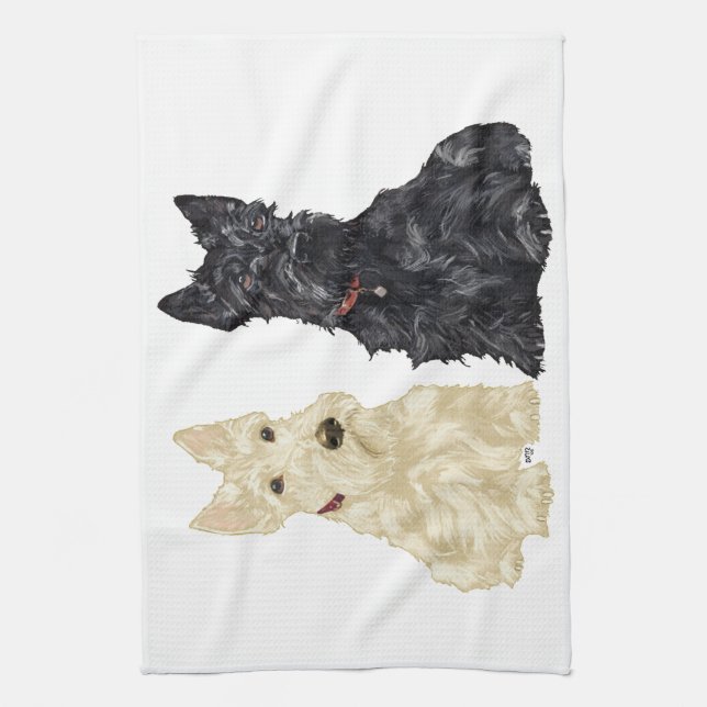 Wheaten & Black Scottish Terriers Tea Towel (Vertical)