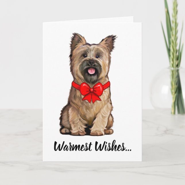 Wheaten Cairn Terrier Wearing a Christmas Bow Card (Front)