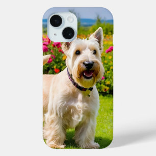 Wheaten Scottish Terrier playing in Flowers Grass iPhone 15 Case
