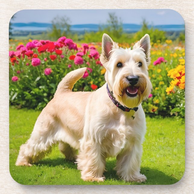 Wheaten Scottish Terrier playing in Flowers Grass Coaster (Front)