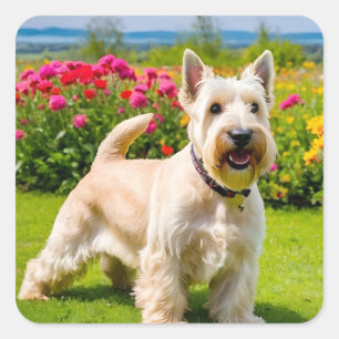 Wheaten Scottish Terrier playing in Flowers Grass Square Sticker