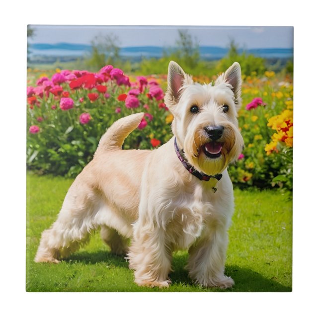 Wheaten Scottish Terrier playing in Flowers Grass Tile (Front)
