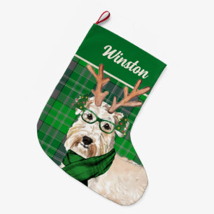Wheaten Terrier and Green Plaid with Dog's Name Large Christmas Stocking