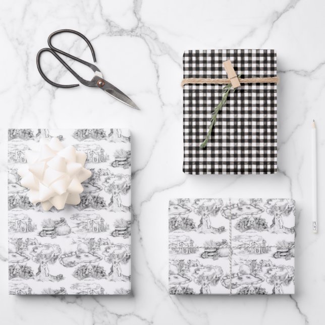 WHEATEN Terrier Black Toile & Gingham Gift Sheets (Front)
