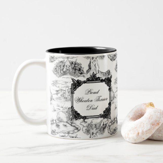 WHEATEN Terrier Black Toile w/Custom Name  Two-Tone Coffee Mug (With Donut)