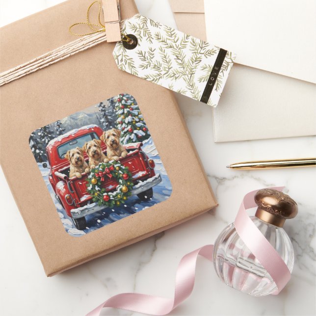 Wheaten Terrier Christmas Red Truck Holiday Gift Square Sticker (Gifting)