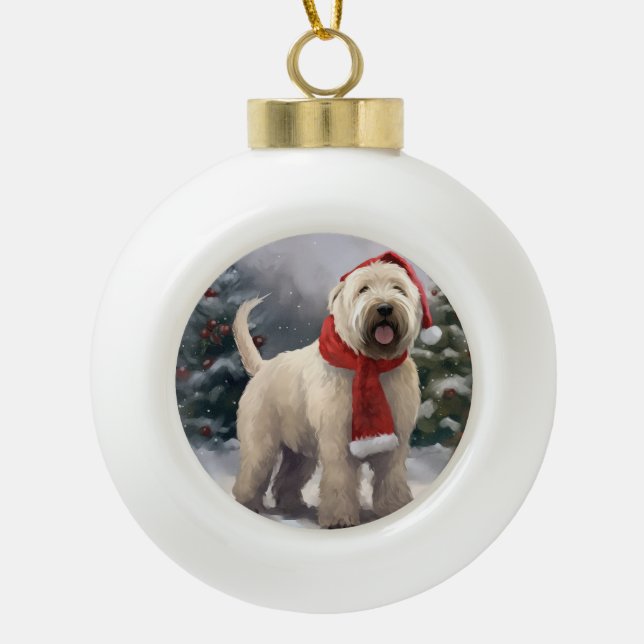 Wheaten Terrier Dog in Snow Christmas Ceramic Ball Christmas Ornament (Front)