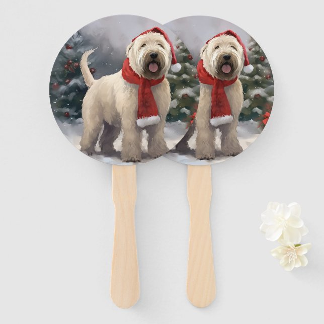 Wheaten Terrier Dog in Snow Christmas Hand Fan (Front and Back)