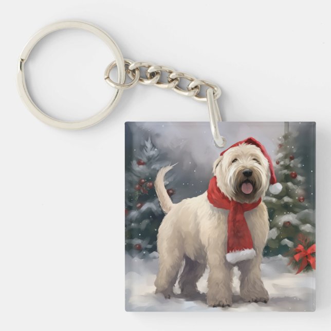Wheaten Terrier Dog in Snow Christmas Key Ring (Front)