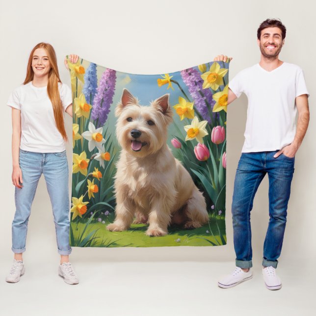 Wheaten Terrier Dog Spring Flowers Painting Fleece Blanket (In Situ)