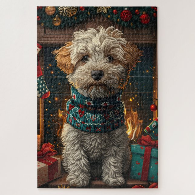Wheaten Terrier Dog With Christmas Gifts Fireplace Jigsaw Puzzle (Vertical)