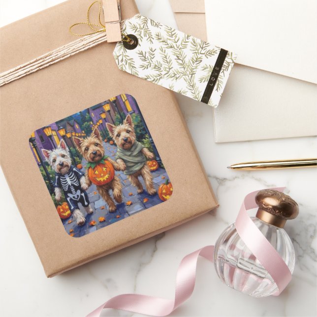 Wheaten Terrier Dogs In Halloween Cotumes Square Sticker (Gifting)