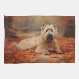 Wheaten Terrier in Autumn Leaves Fall Inspire  Tea Towel