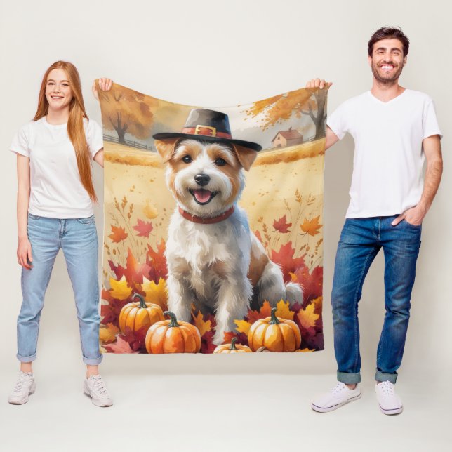 Wheaten Terrier In Autumn Leaves Thanksgiving Art Fleece Blanket (In Situ)