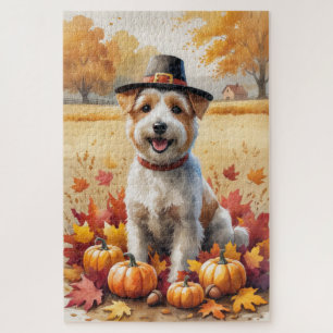 Wheaten Terrier In Autumn Leaves Thanksgiving Art Jigsaw Puzzle