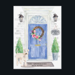 Wheaten Terrier Moving Announcement Postcard<br><div class="desc">Announce your new address with our stylish announcement featuring a Wheaten Terrier,  blue front door,  welcome mat,  slate sign,  topiaries and a floral wreath set on a grey brick background.</div>
