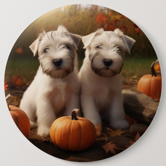 Wheaten Terrier Puppy Autumn Delight Pumpkin 6 Cm Round Badge (Front)