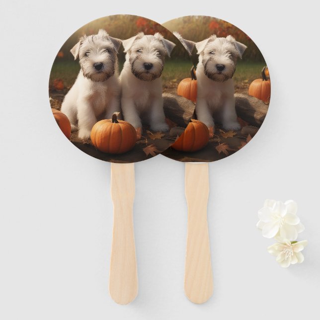 Wheaten Terrier Puppy Autumn Delight Pumpkin Hand Fan (Front and Back)