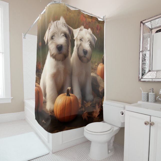 Wheaten Terrier Puppy Autumn Delight Pumpkin Shower Curtain (In Situ)
