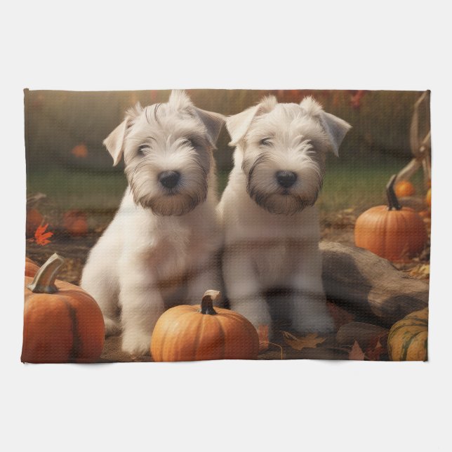Wheaten Terrier Puppy Autumn Delight Pumpkin Tea Towel (Horizontal)